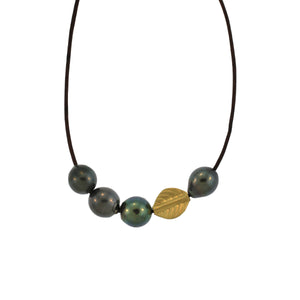 Four South Sea Tahitian Pearls + Abstract 18K Gold Leaf Bead Necklace