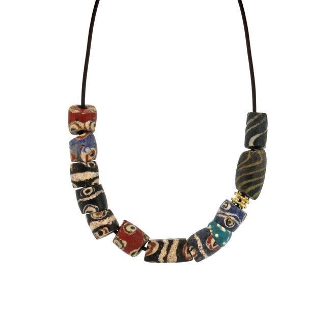 An Antique Black + Red Patterned Bead Necklace