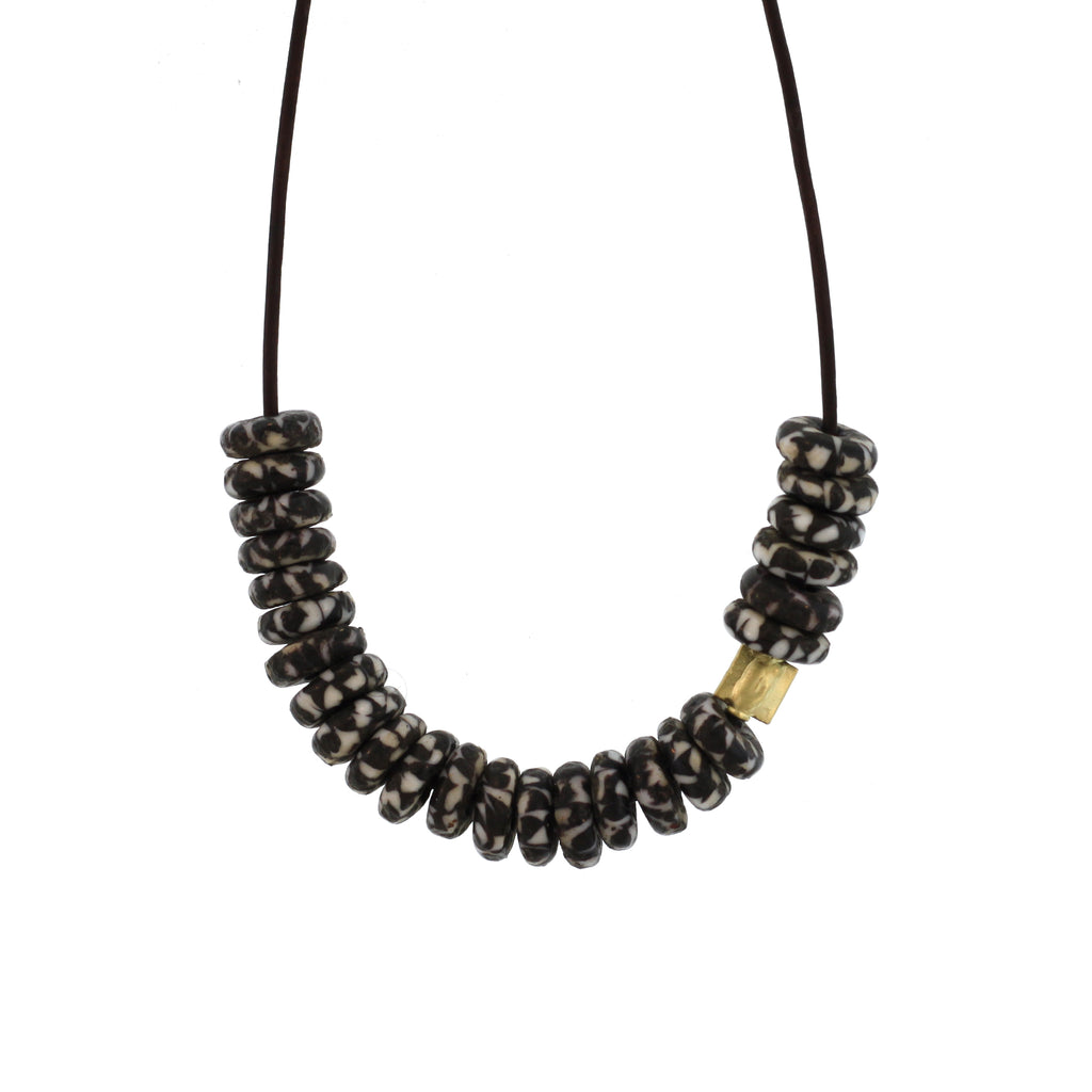 A Marbleized Recycled Glass Bead Necklace - Black + White