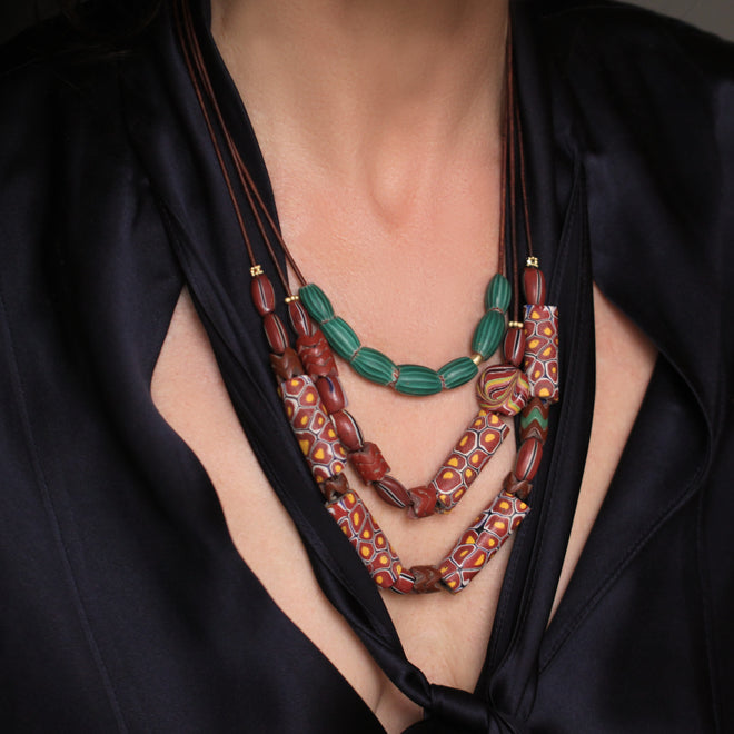 Striped + Marbled Vintage Trade Bead Necklace on Leather Cord