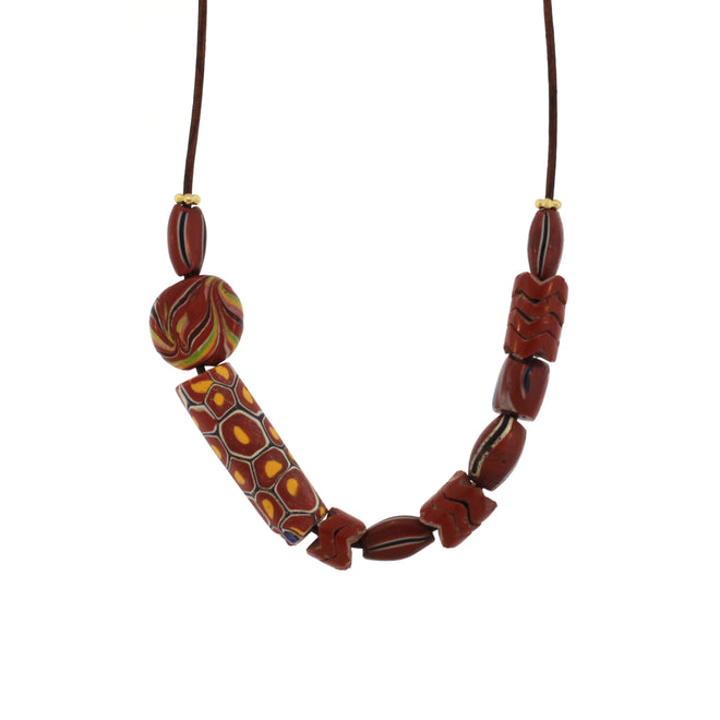 Striped + Marbled Vintage Trade Bead Necklace on Leather Cord