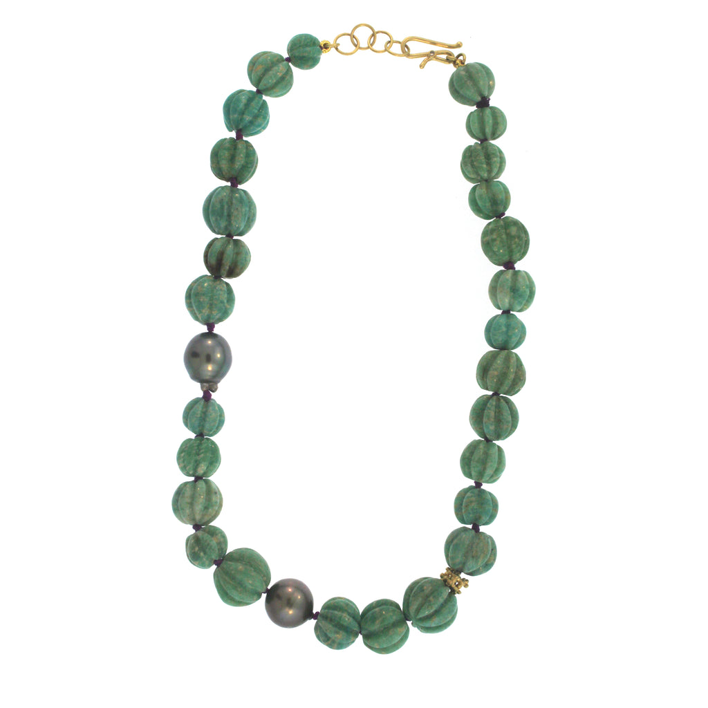 A Chalcedony, Tahitian Pearl + Gold Bead Necklace