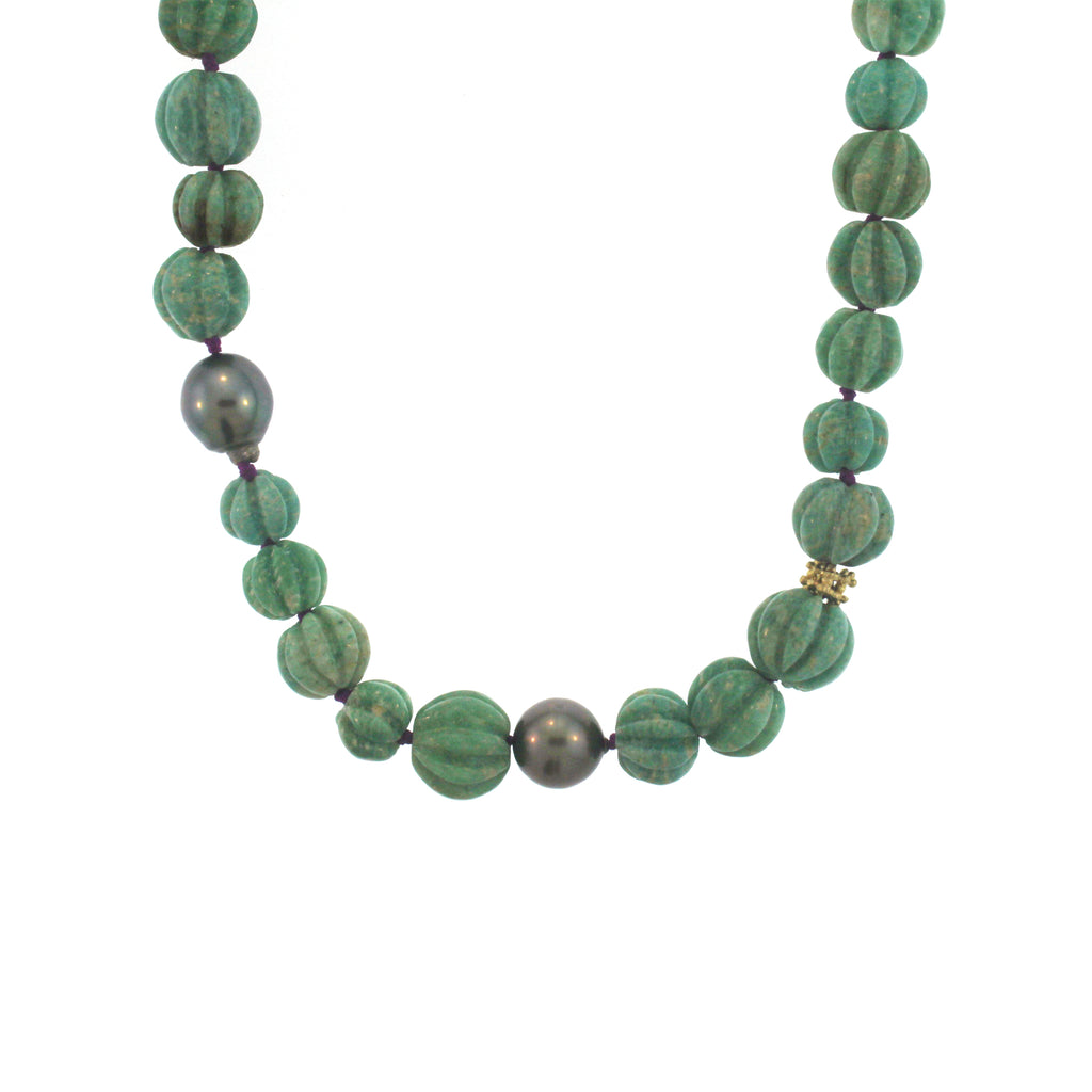 A Chalcedony, Tahitian Pearl + Gold Bead Necklace