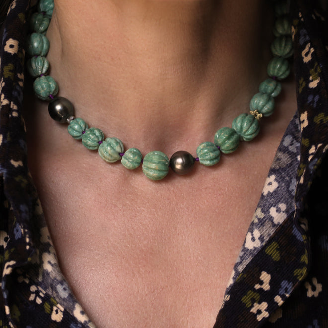 A Chalcedony, Tahitian Pearl + Gold Bead Necklace
