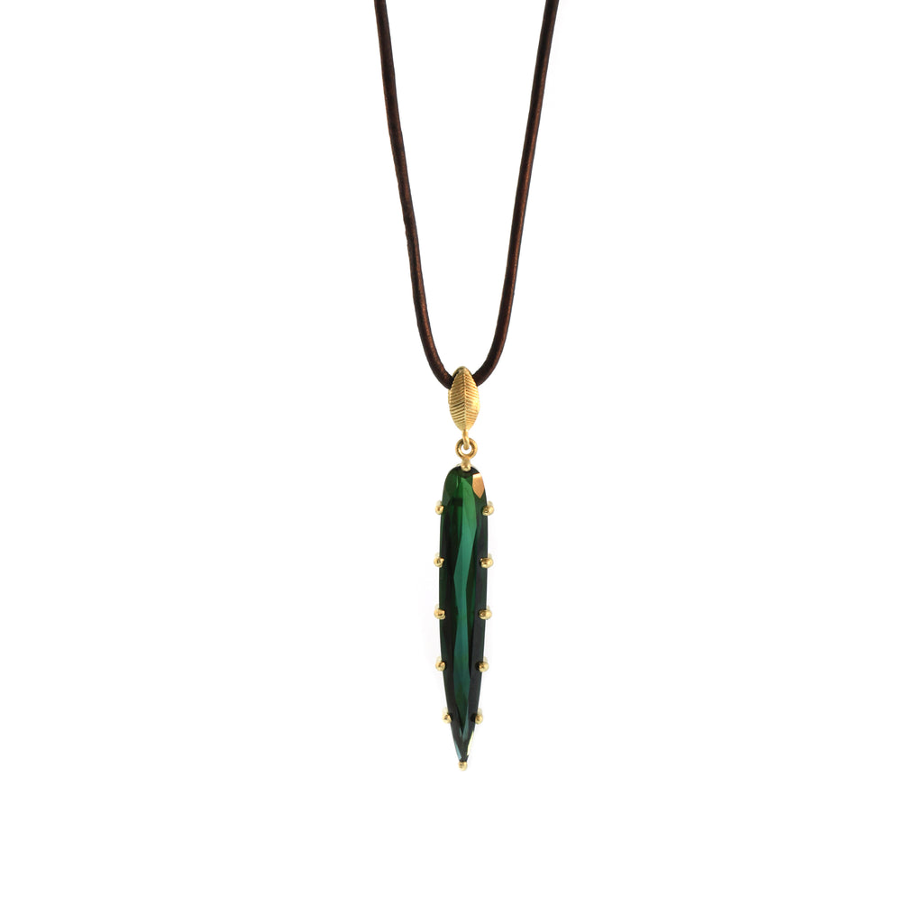 A Slender Green Tourmaline Pendant on Leather