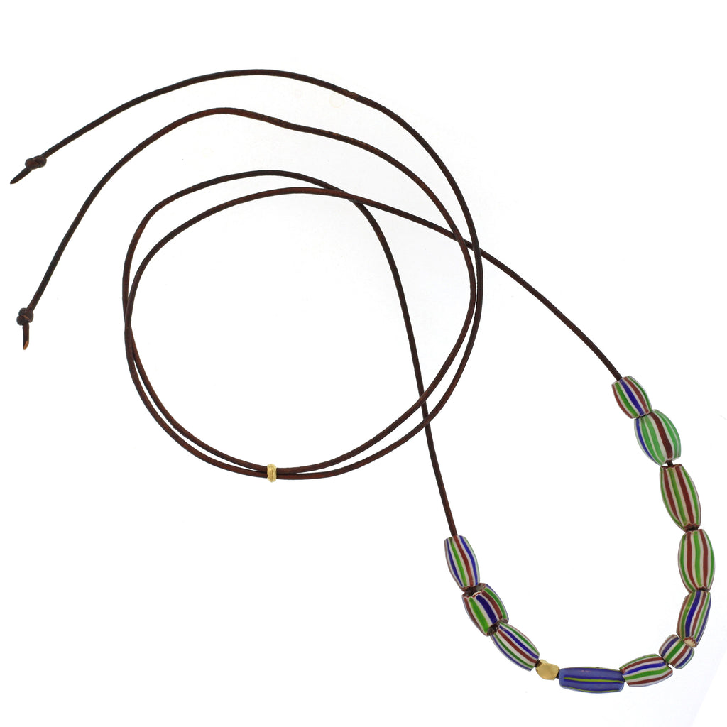An African Green, Red, + Blue Striped Bead Necklace