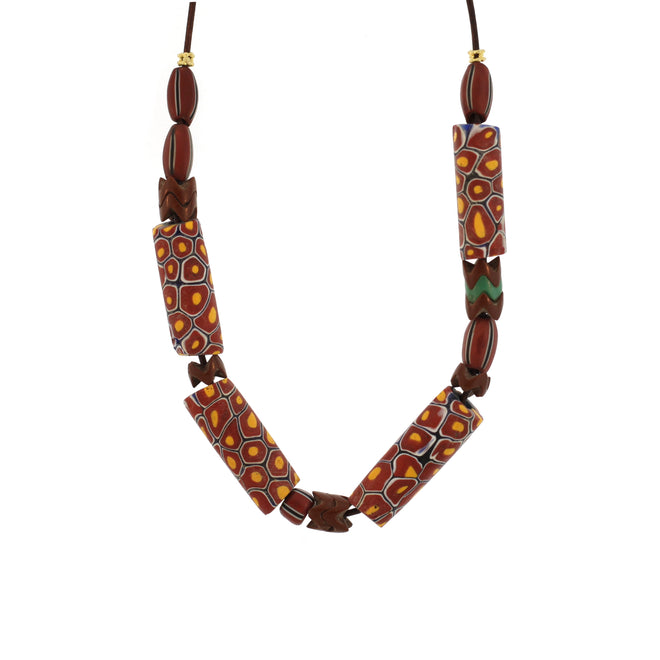 A Mixed Striped + Marbled Vintage Trade Bead Necklace on Leather Cord