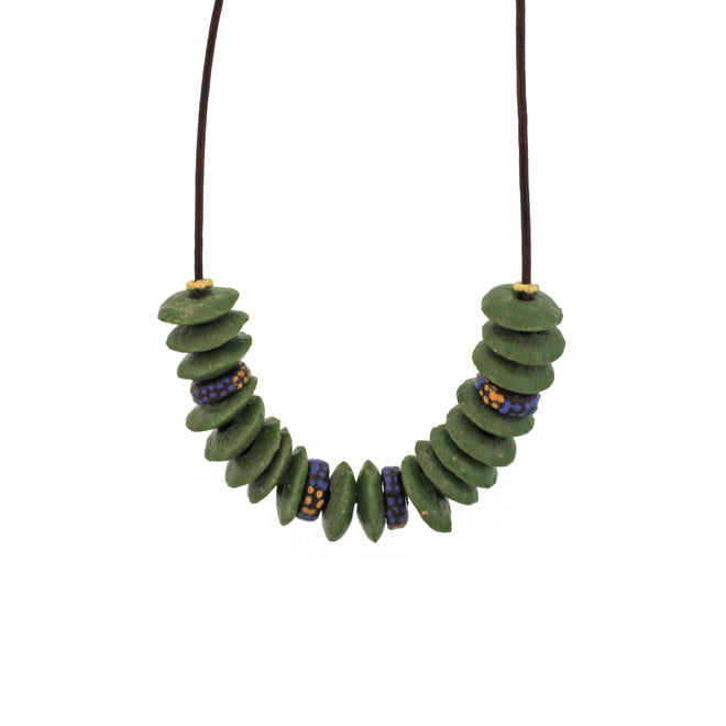 An Olive Green and Spotted Blue Trade Bead Necklace