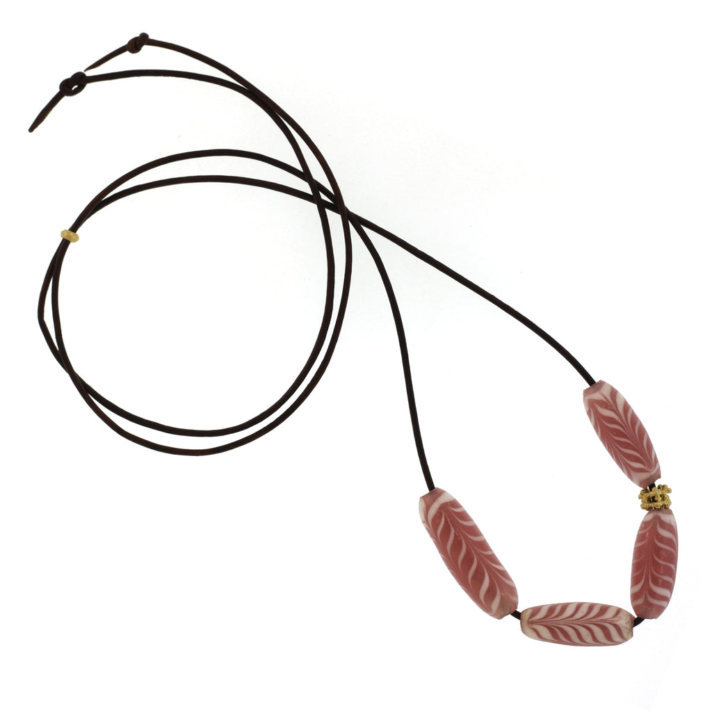 An Indonesian Pink + White Swirl Glass Bead Necklace