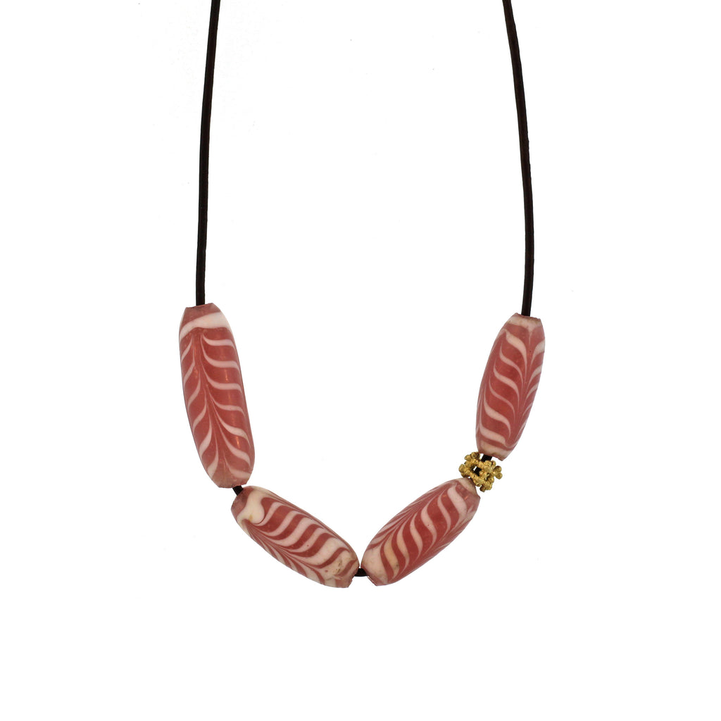 An Indonesian Pink + White Swirl Glass Bead Necklace