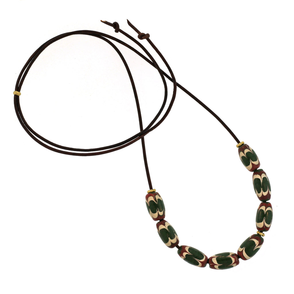 A Red, Green, + Cream Swirl Bead Necklace