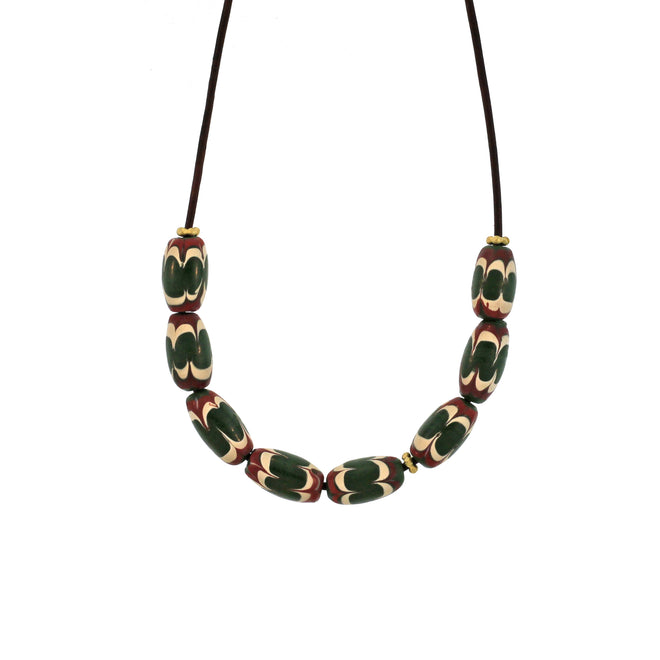 A Red, Green, + Cream Swirl Bead Necklace