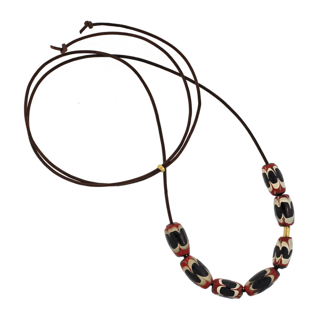 A Red, Black, + White Swirl Bead Necklace