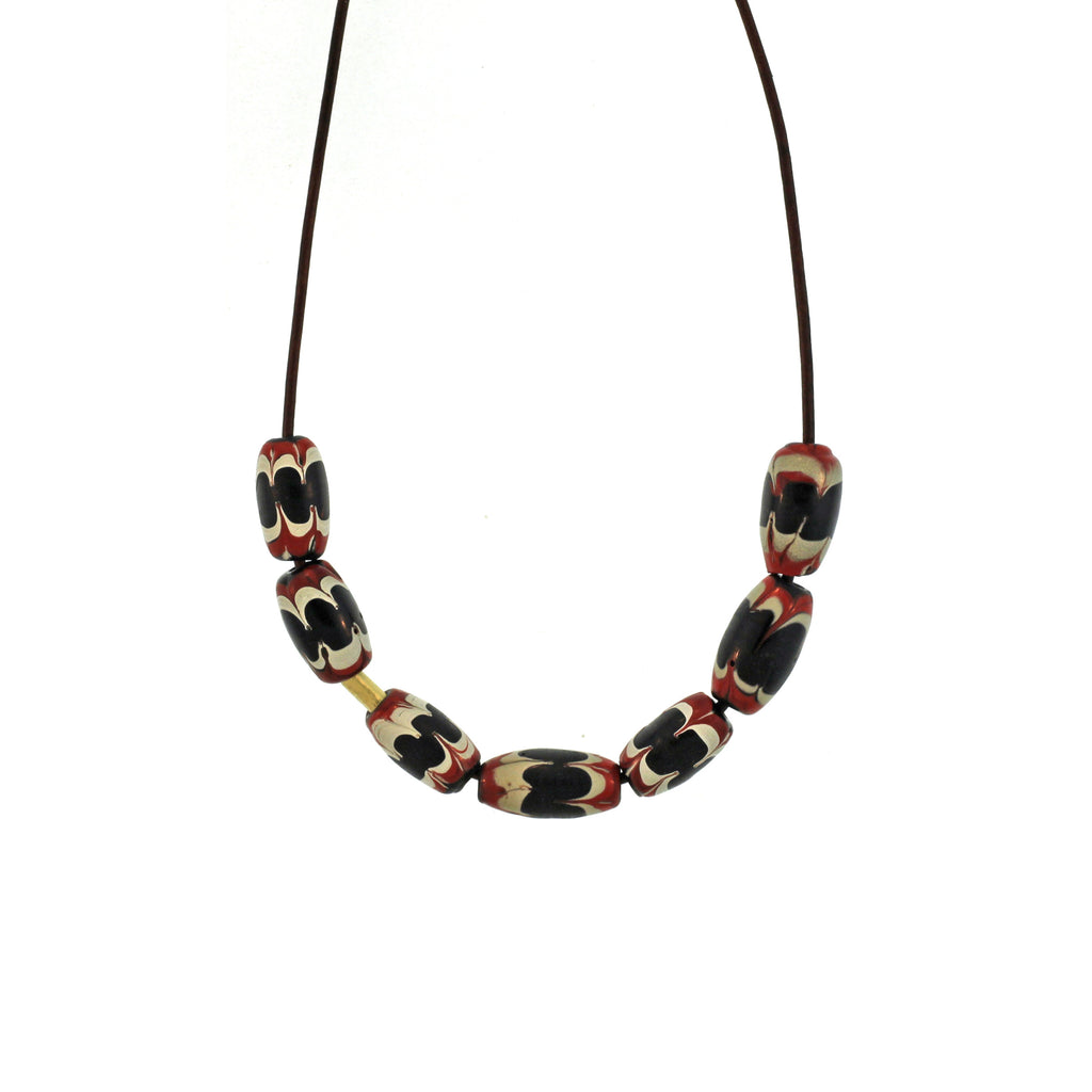 A Red, Black, + White Swirl Bead Necklace