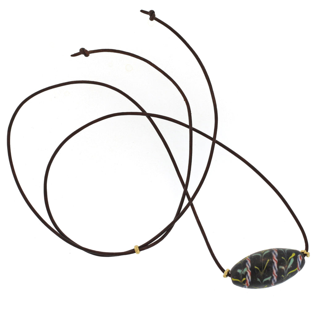 Antique Single Large Ovoid Bead Necklace on Leather Cord