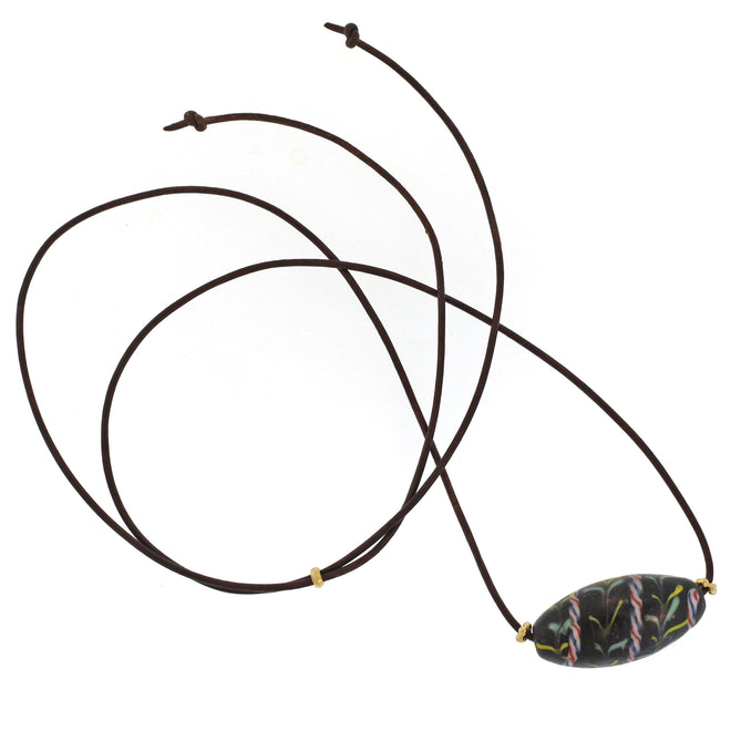 Antique Single Large Ovoid Bead Necklace on Leather Cord