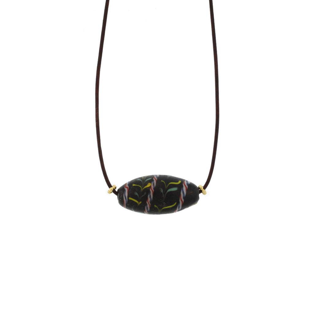 Antique Single Large Ovoid Bead Necklace on Leather Cord