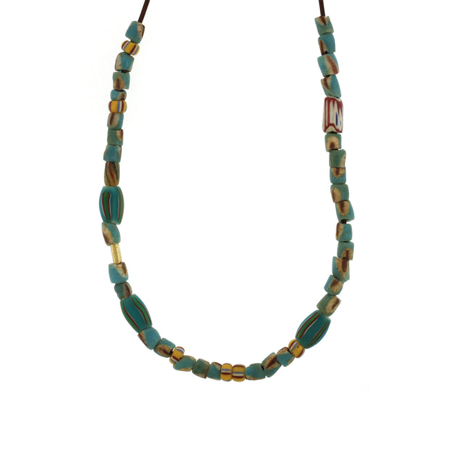A Mixed Striped Vintage Small Trade Bead Necklace on Leather Cord - Turquoise + Yellow