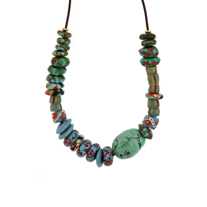 A Mixed Striped + Marbled Vintage Trade Bead Necklace on Leather Cord - Turquoise + Red