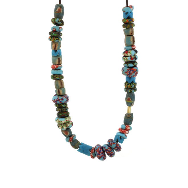 A Mixed Striped, Marbled, and Vintage Chevron Trade Bead Necklace on Leather Cord - Turquoise + Red