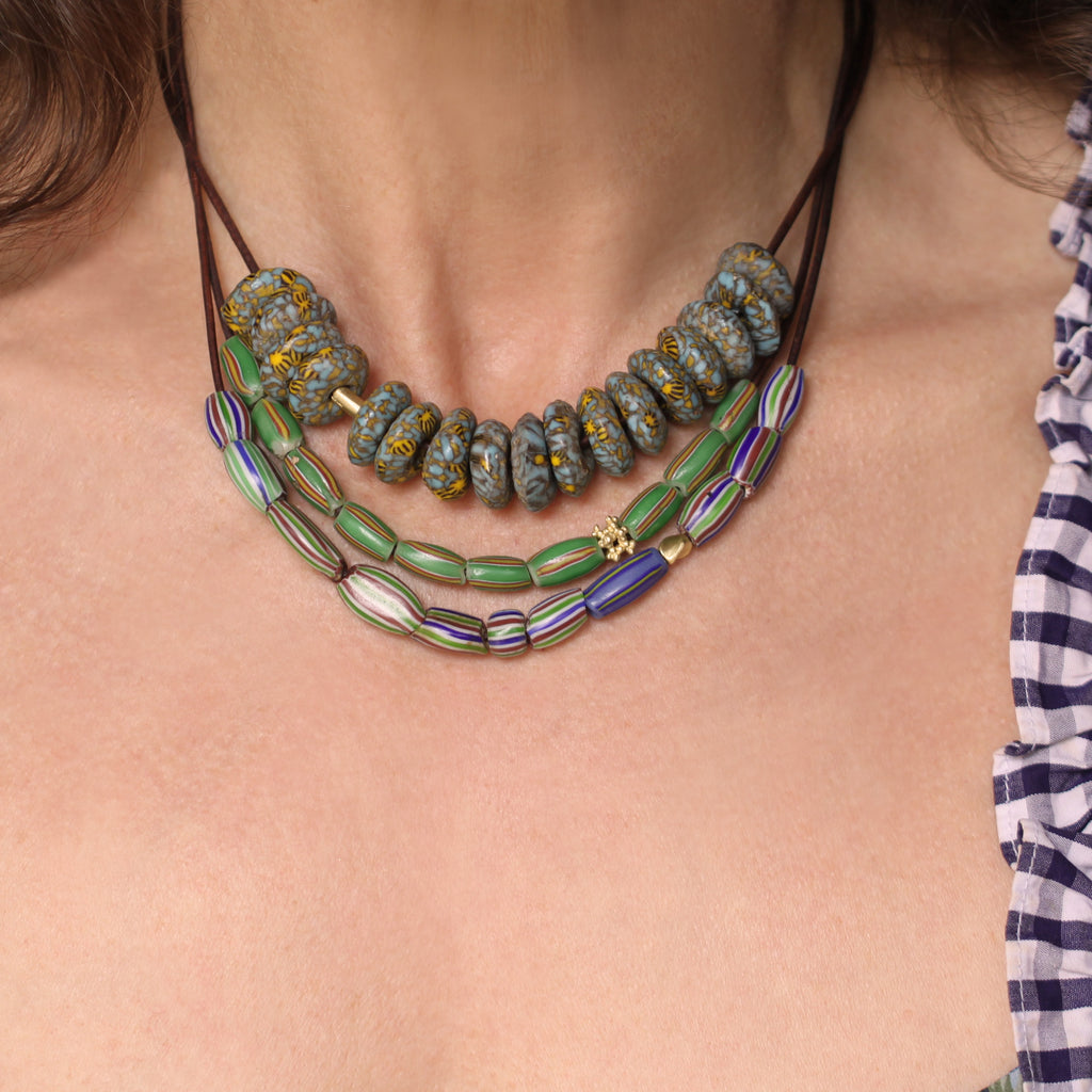 An African Green, Red, + Blue Striped Bead Necklace