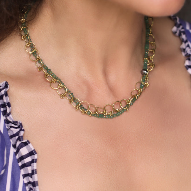 An Emerald, Pearl, + Gold Bead Necklace