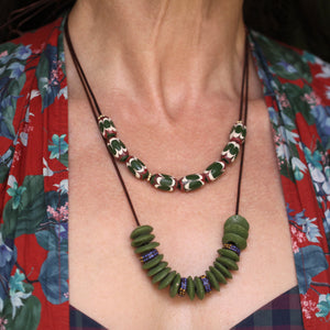 An Olive Green and Spotted Blue Trade Bead Necklace