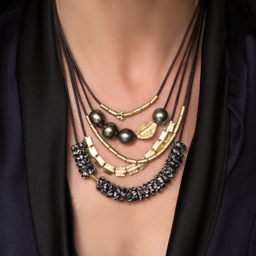 A South Sea Tahitian Pearl + Abstract Gold Leaf Bead Necklace