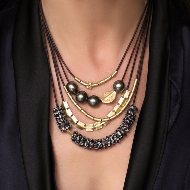 A South Sea Tahitian Pearl + Abstract Gold Leaf Bead Necklace