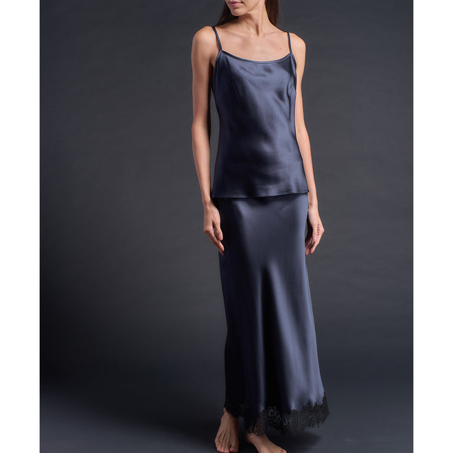 Kali Long Half Slip in Sapphire Silk Crepe Backed Heavy Satin with Lace
