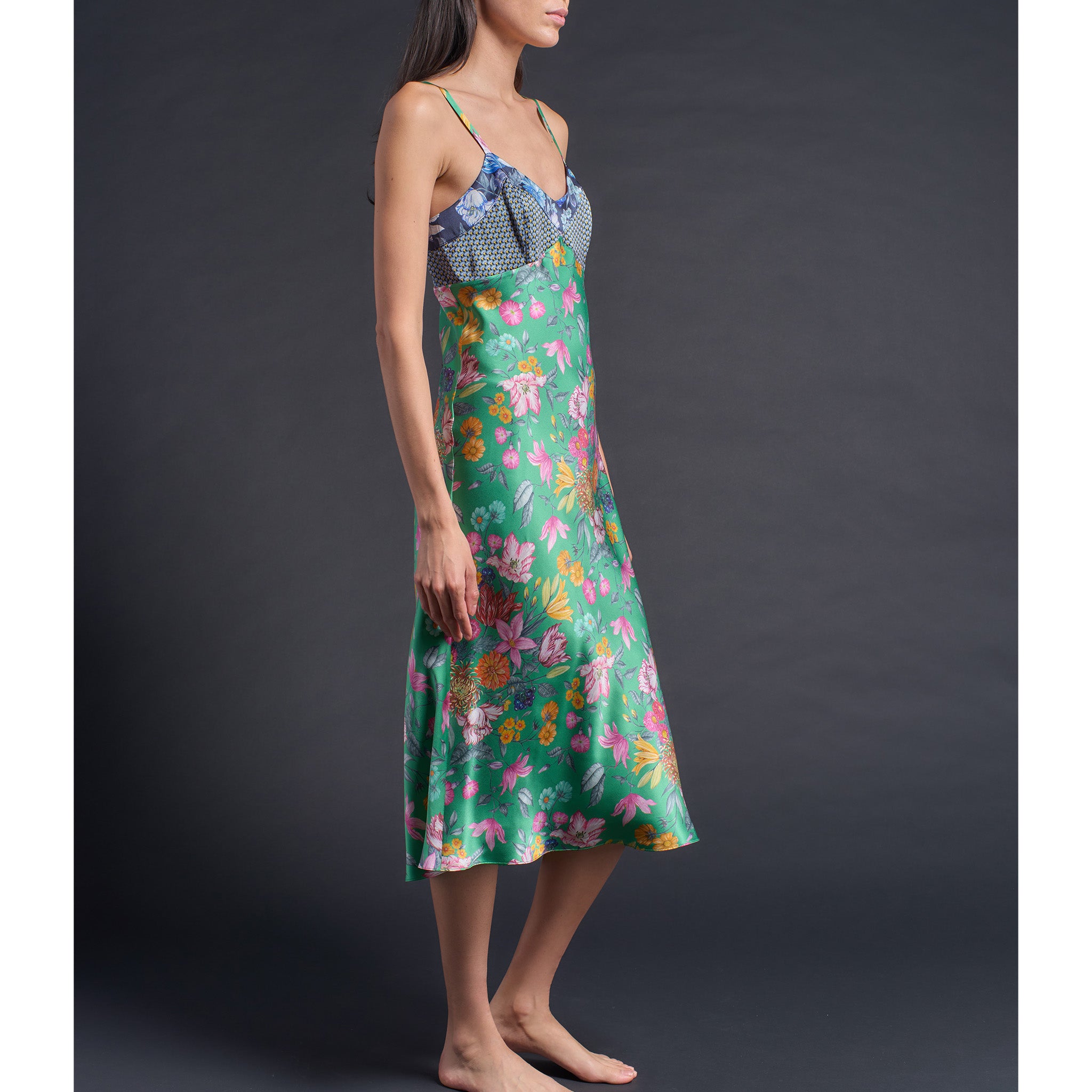 Pandora Dress in Green Stately Bouquet Liberty Print Silk Charmeuse