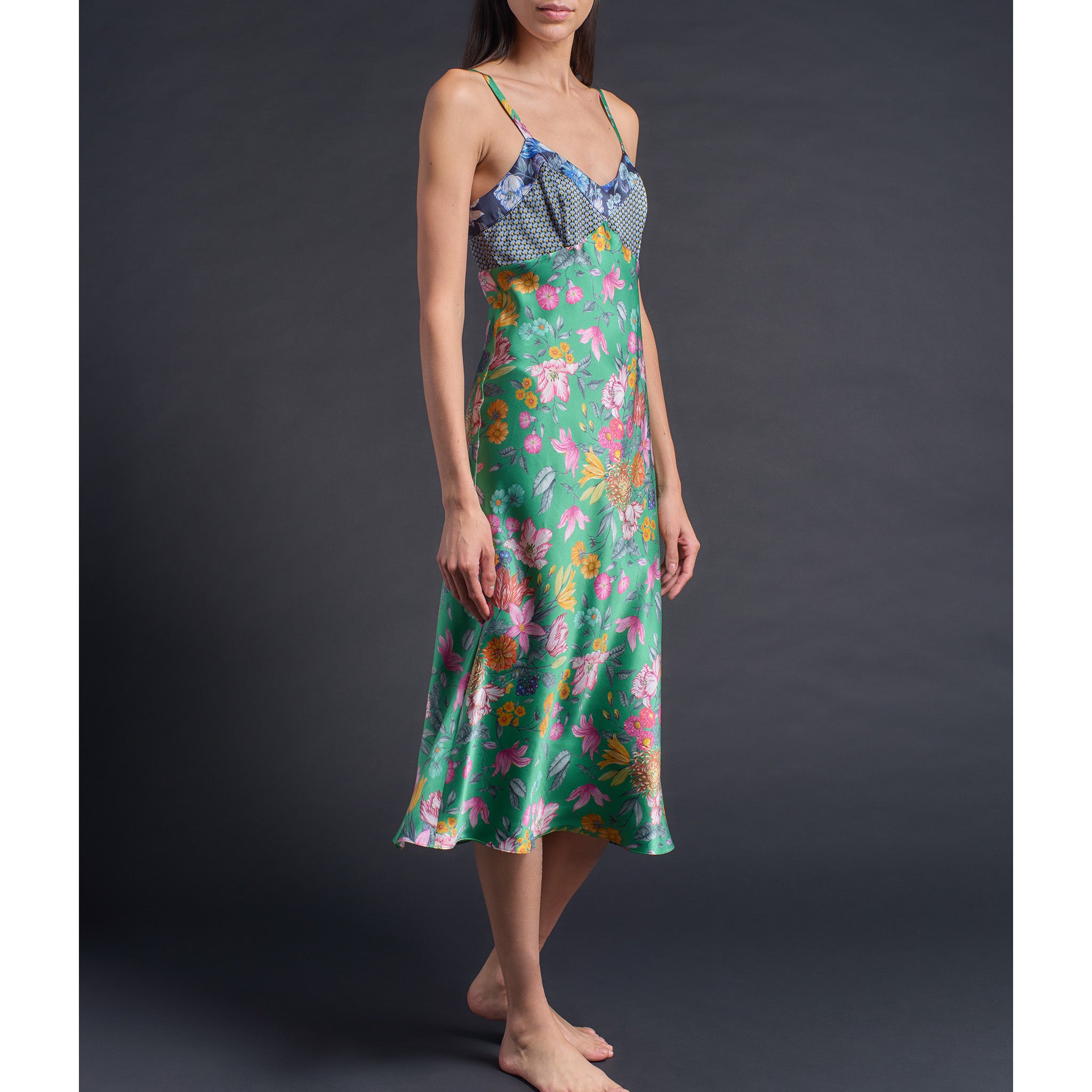 Pandora Dress in Green Stately Bouquet Liberty Print Silk Charmeuse