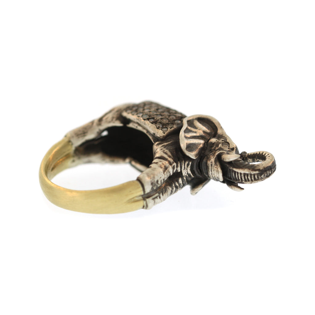 A Grand Elephant Ring in Sterling Silver + Gold