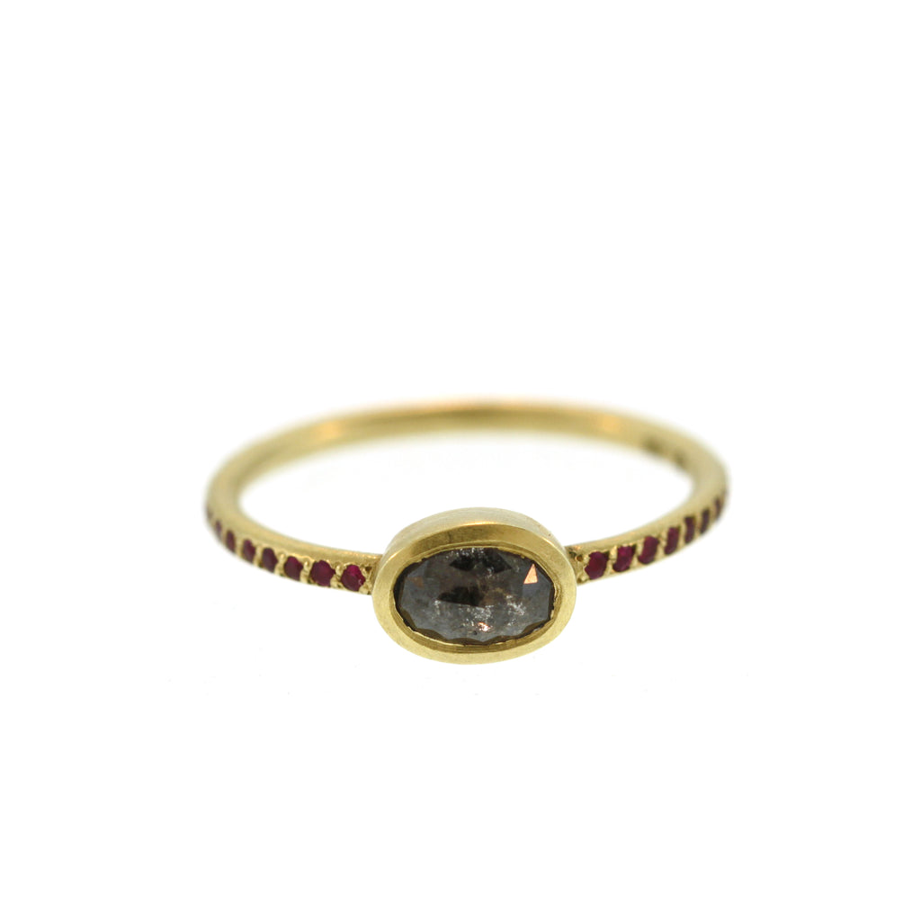 An Oval Grey Diamond Ruby Pavé Ring