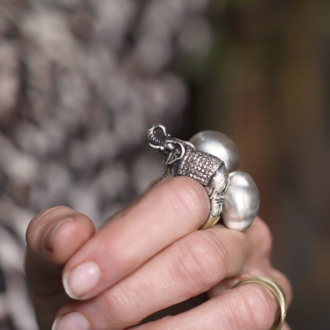 A Grand Elephant Ring in Sterling Silver + Gold