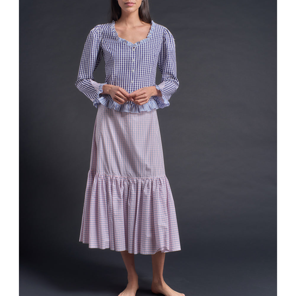 Scarlett Fitted Blouse with Ruffle in Italian Cotton Check