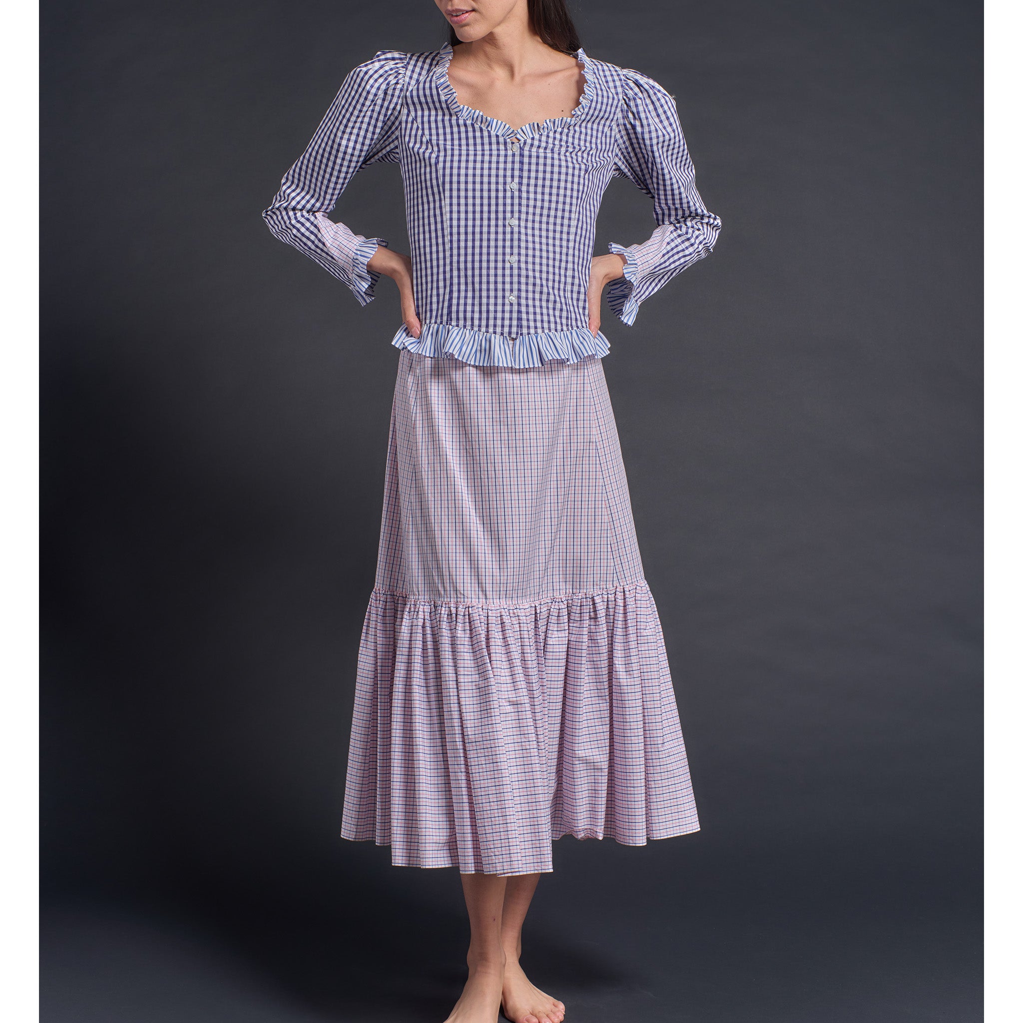 Brigitte Ruffle Skirt in Italian Cotton Pink Blue Check