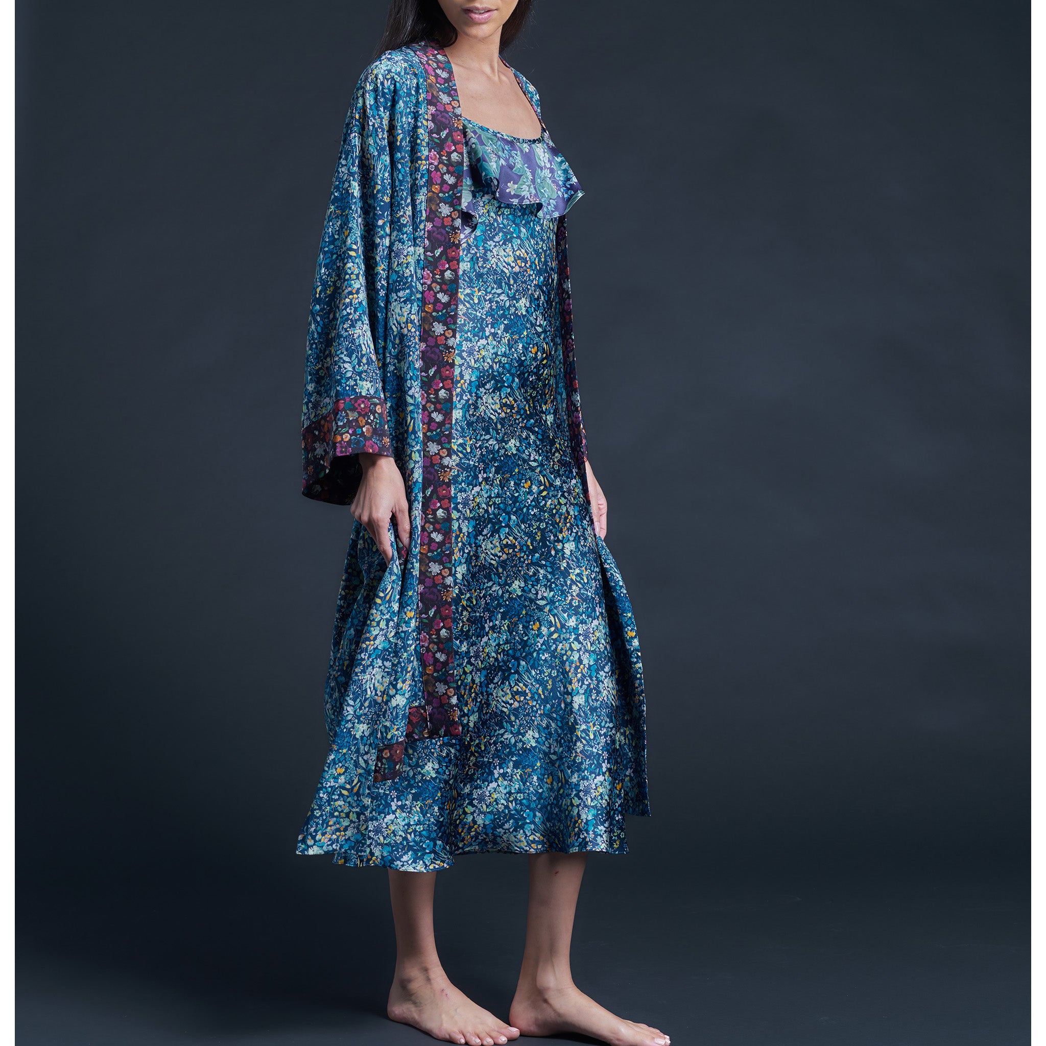 Anniversary Slip Dress in Silk Satin Liberty Print - Blue Felda