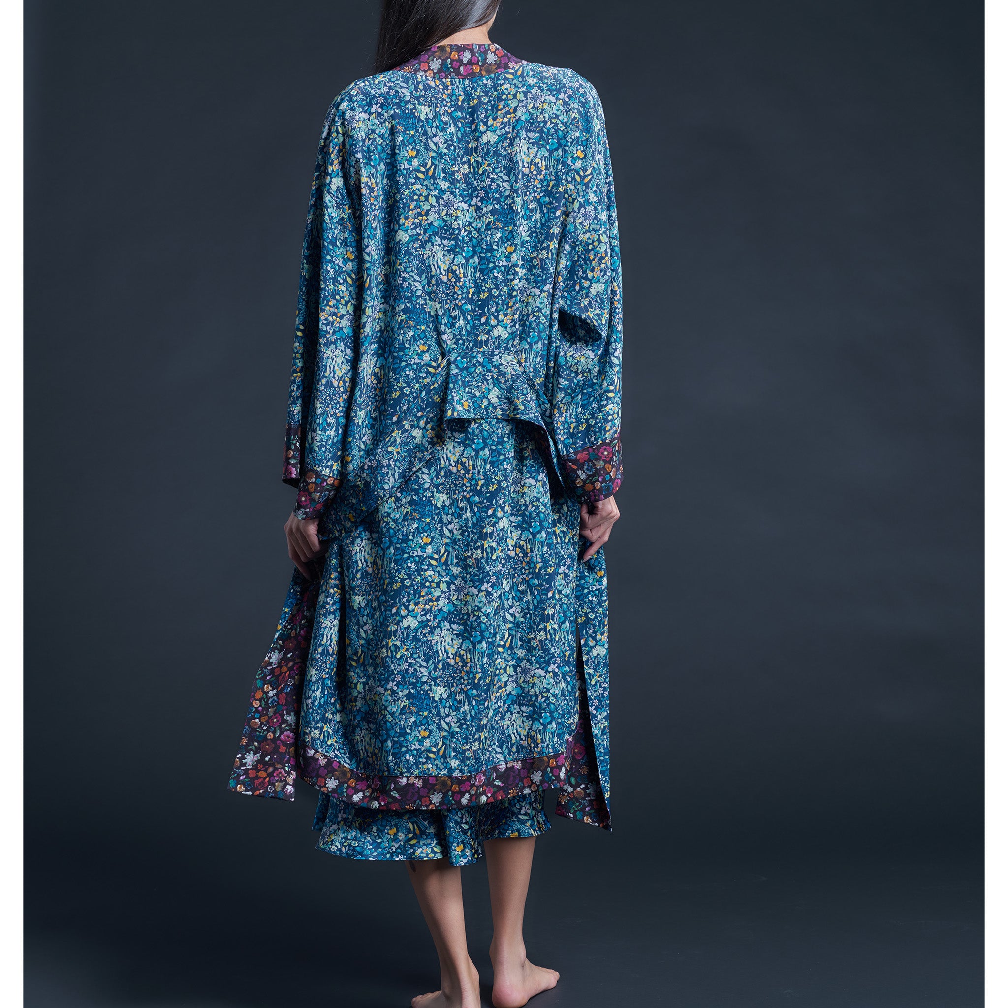 Selene Knee Length Robe in Blue Felda Liberty Print Silk Crepe De Chine