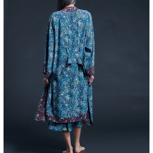 Selene Knee Length Robe in Blue Felda Liberty Print Silk Crepe De Chine
