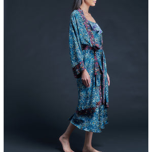 Selene Knee Length Robe in Blue Felda Liberty Print Silk Crepe De Chine