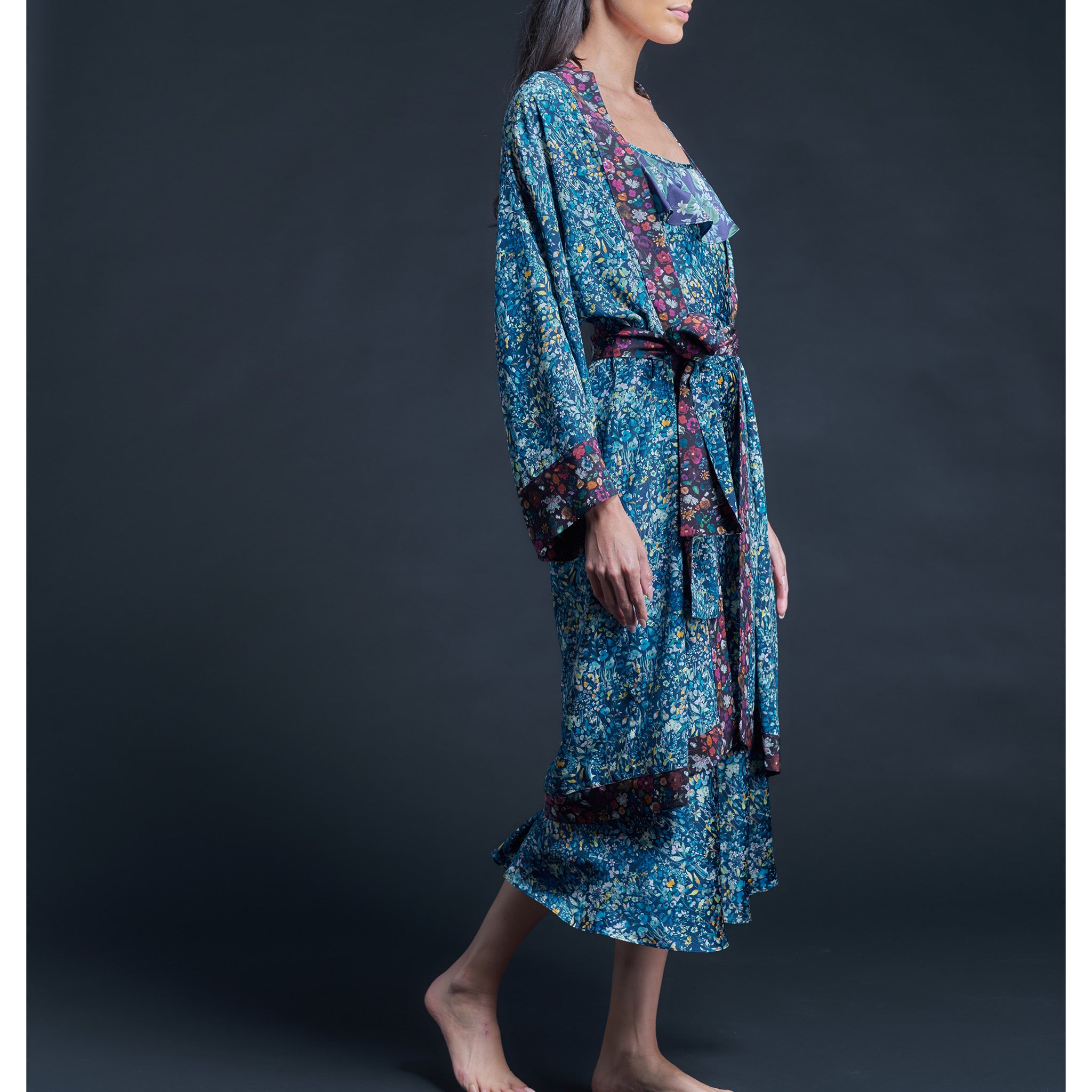 Anniversary Slip Dress in Silk Satin Liberty Print - Blue Felda