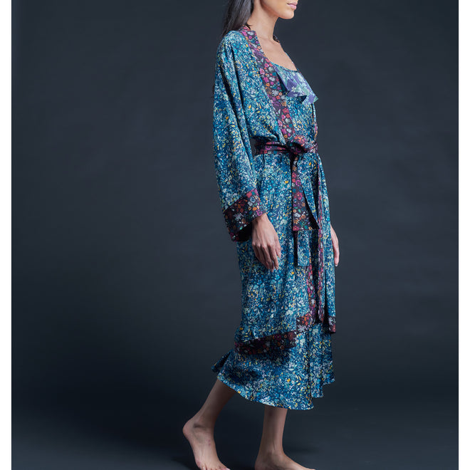 Selene Knee Length Robe in Blue Felda Liberty Print Silk Crepe De Chine