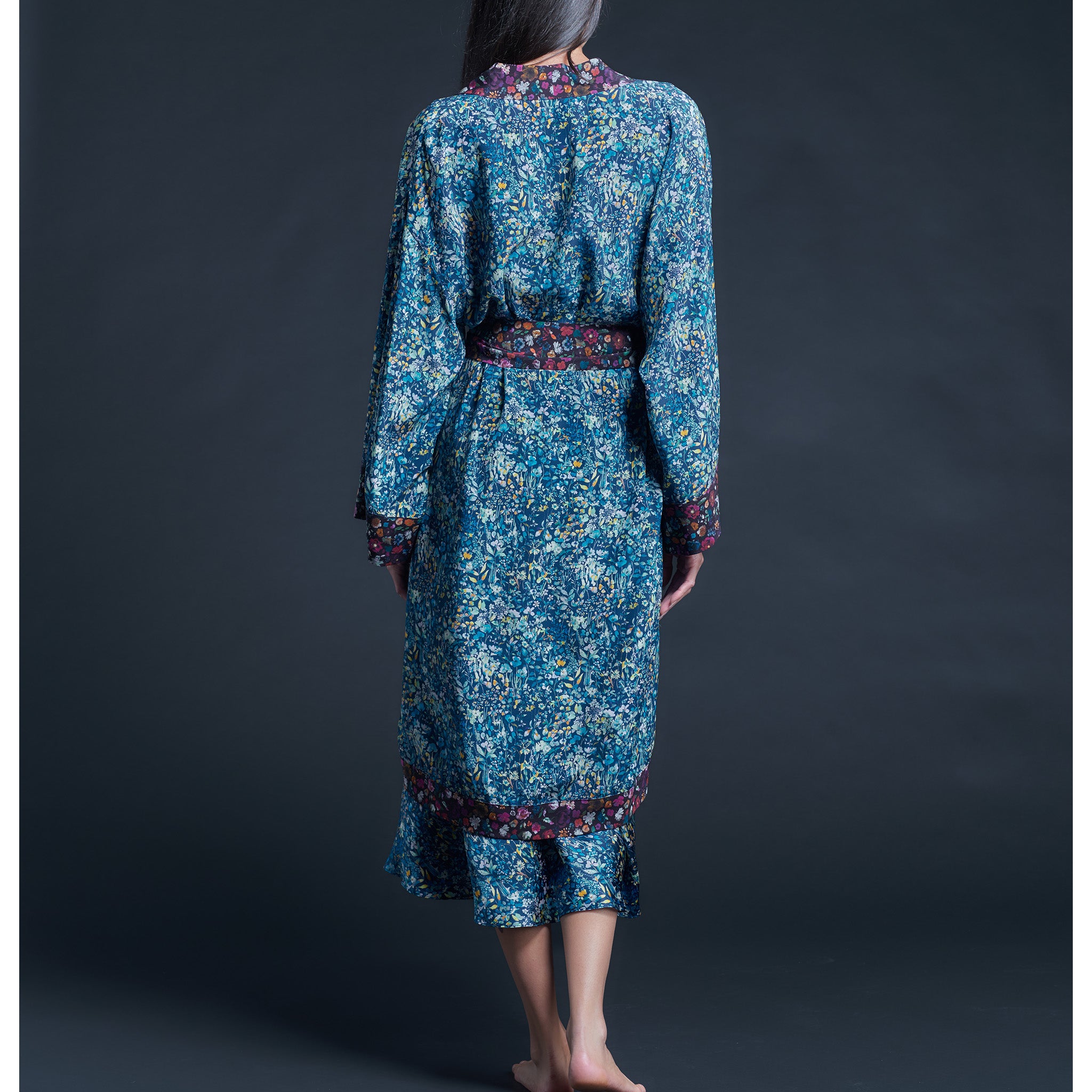 Selene Knee Length Robe in Blue Felda Liberty Print Silk Crepe De Chine
