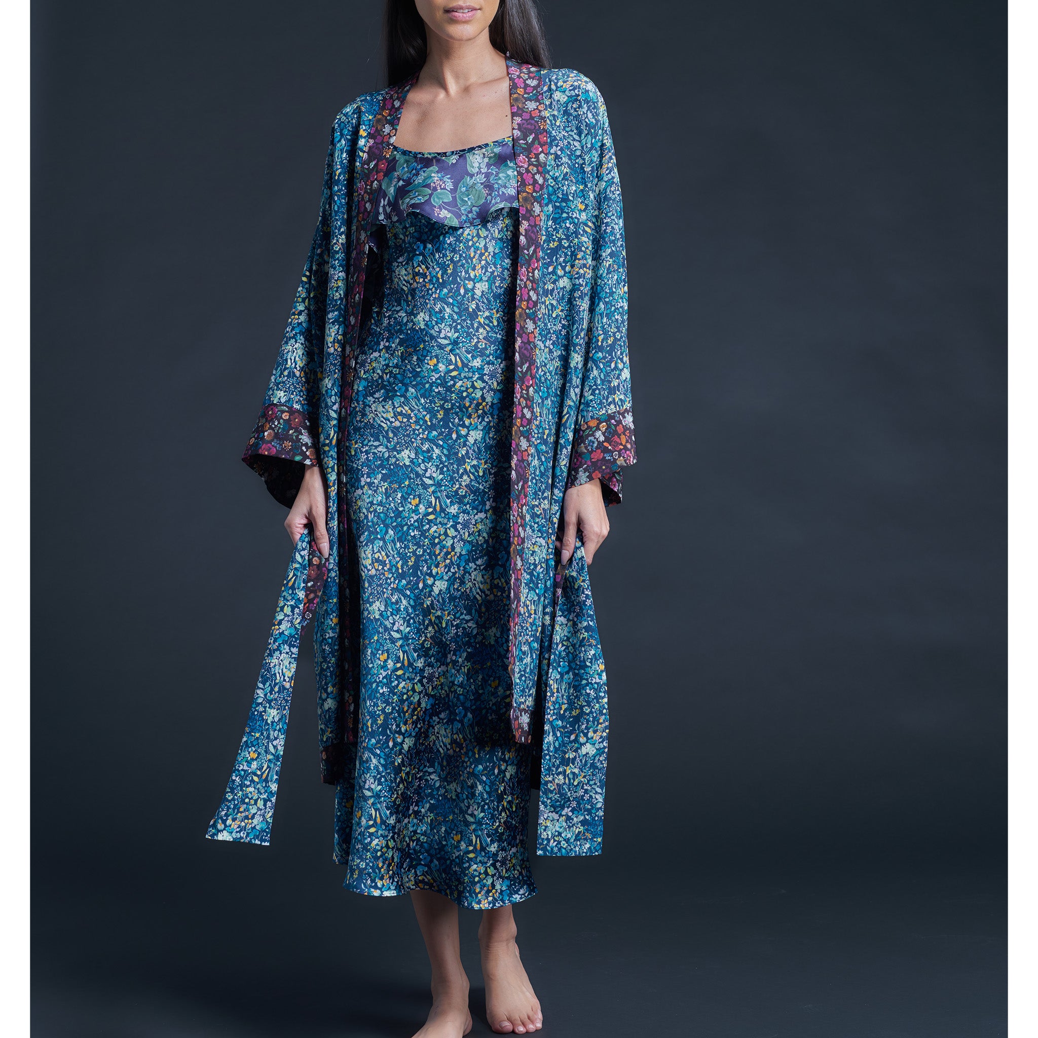 Selene Knee Length Robe in Blue Felda Liberty Print Silk Crepe De Chine