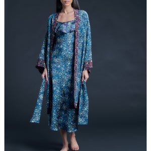 Selene Knee Length Robe in Blue Felda Liberty Print Silk Crepe De Chine