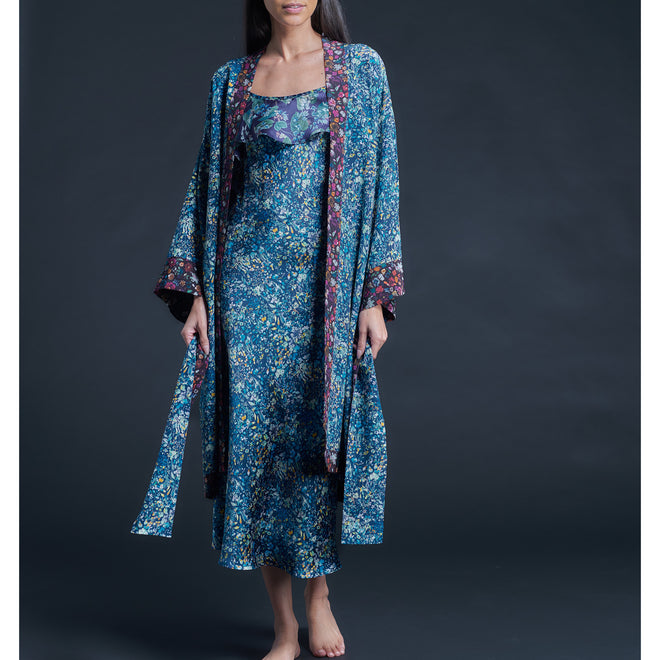 Selene Knee Length Robe in Blue Felda Liberty Print Silk Crepe De Chine