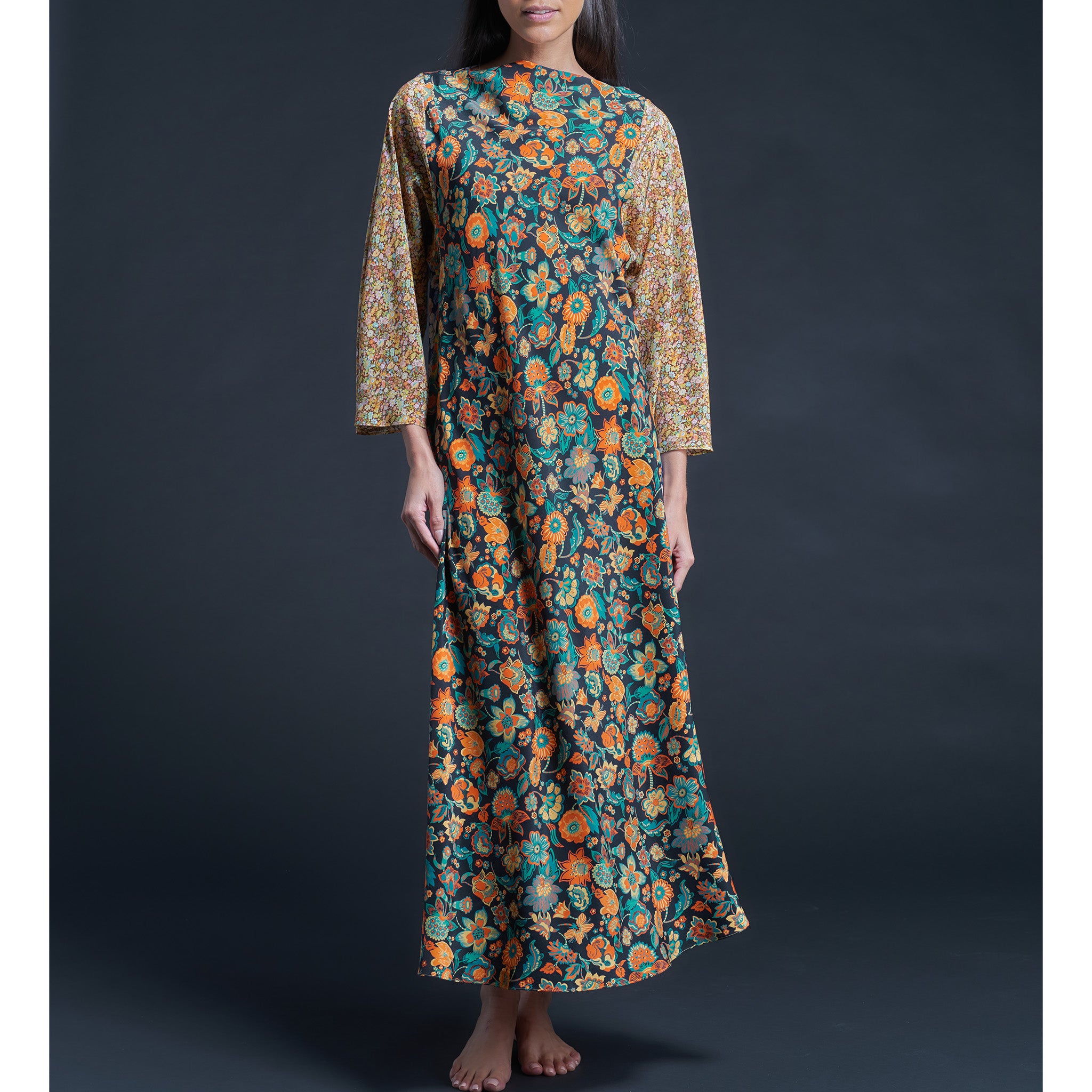 Serafina Fairytale Liberty Print Silk Crepe de Chine Boatneck Dress