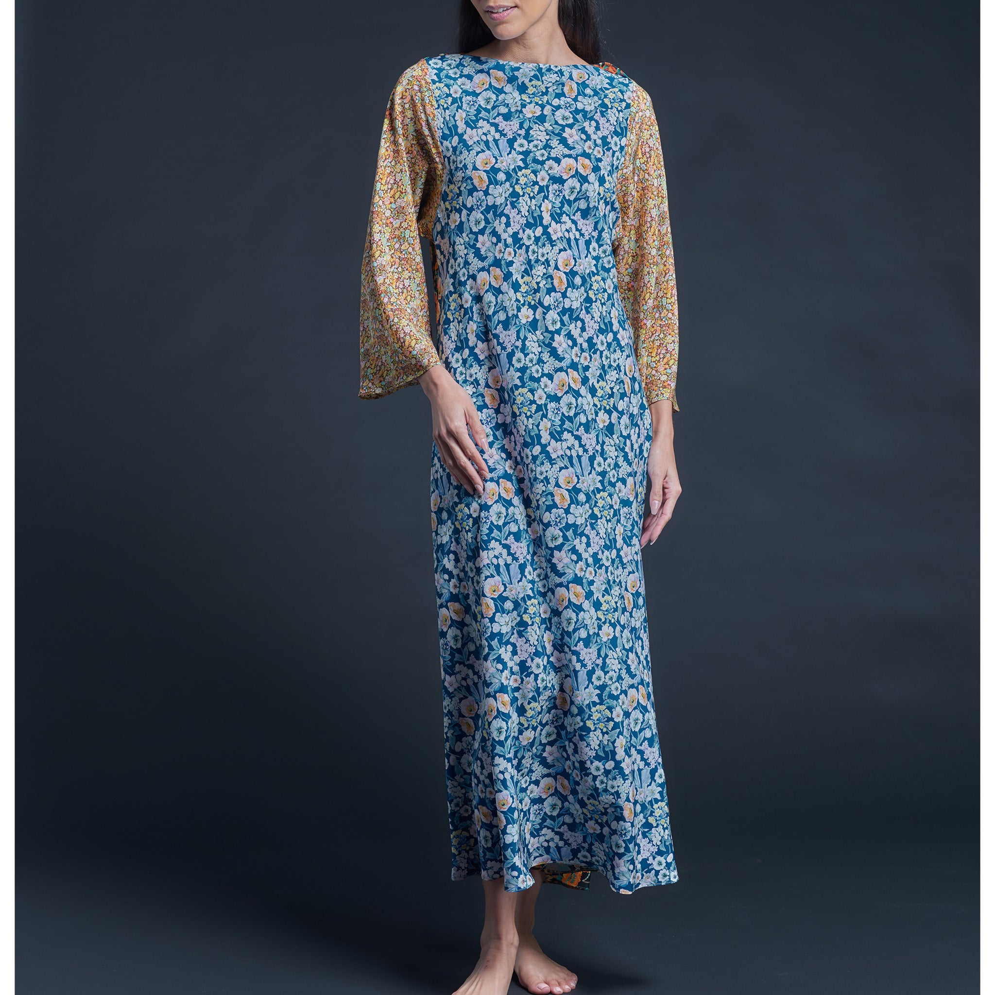Serafina Fairytale Liberty Print Silk Crepe de Chine Boatneck Dress