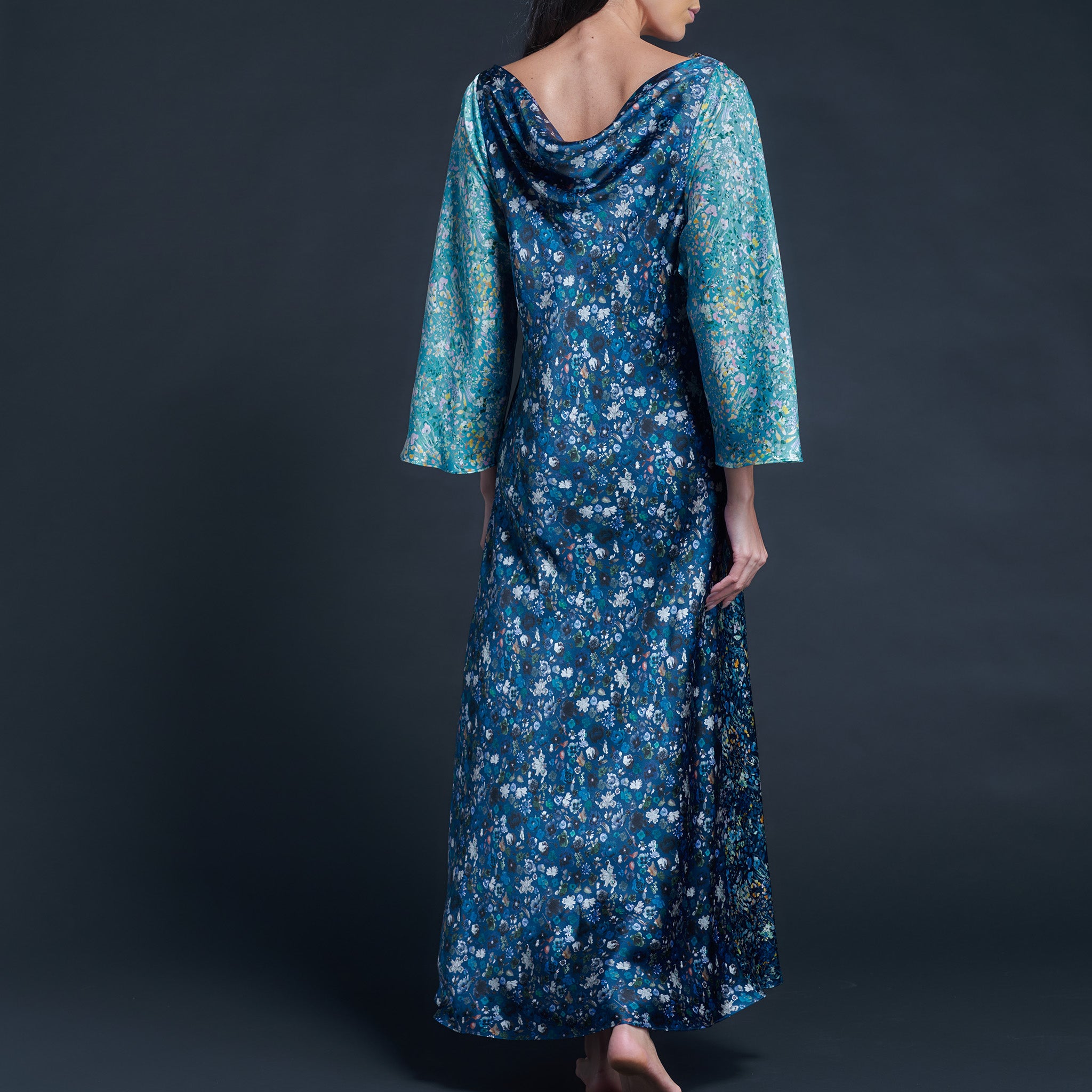 Serafina Blue Felda Liberty Print Silk Satin Boatneck Dress